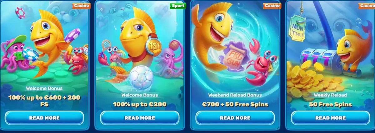 Casino bonus cards featuring an underwater theme with a cartoon fish mascot, showcasing offers like a 100% welcome bonus up to €600 + 200 free spins, a 100% bonus up to €200, a weekend reload bonus (€700 + 50 free spins), and a weekly reload with 50 free spins, each with a “Read More” call-to-action