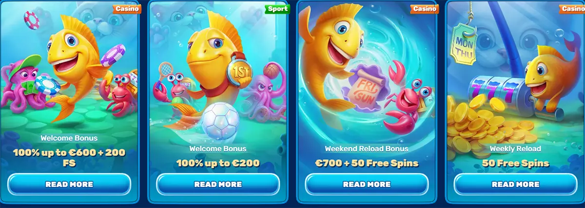 Casino bonus cards featuring an underwater theme with a cartoon fish mascot, showcasing offers like a 100% welcome bonus up to €600 + 200 free spins, a 100% bonus up to €200, a weekend reload bonus (€700 + 50 free spins), and a weekly reload with 50 free spins, each with a “Read More” call-to-action