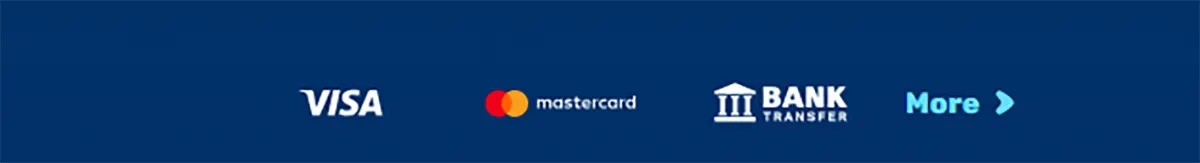 Payment methods strip displaying Visa, Mastercard, and bank transfer options, along with a “More” button to reveal additional payment methods, set on a blue background