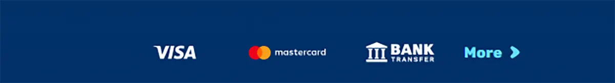 Payment methods strip displaying Visa, Mastercard, and bank transfer options, along with a “More” button to reveal additional payment methods, set on a blue background