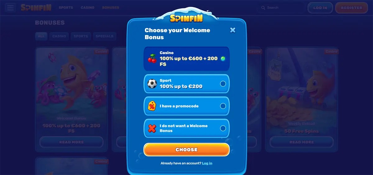Welcome bonus selection modal for Spinfin Casino, allowing users to choose between a casino bonus (100% up to €600 + 200 free spins), a sports bonus (100% up to €200), enter a promo code, or opt out, with a prominent “Choose” button and login option below