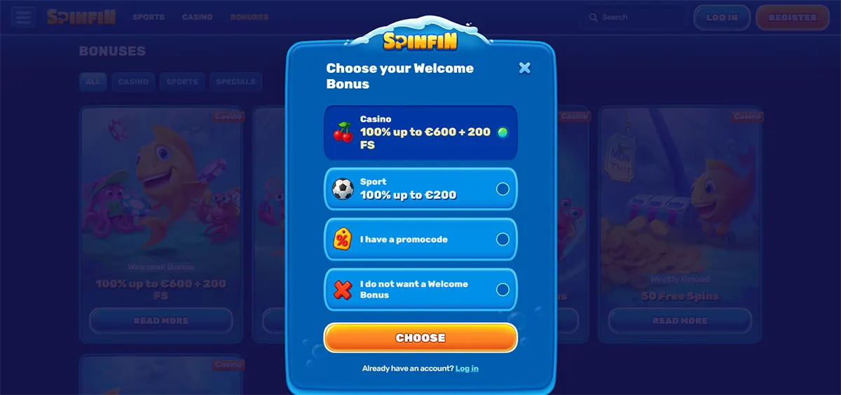 Welcome bonus selection modal for Spinfin Casino, allowing users to choose between a casino bonus (100% up to €600 + 200 free spins), a sports bonus (100% up to €200), enter a promo code, or opt out, with a prominent “Choose” button and login option below